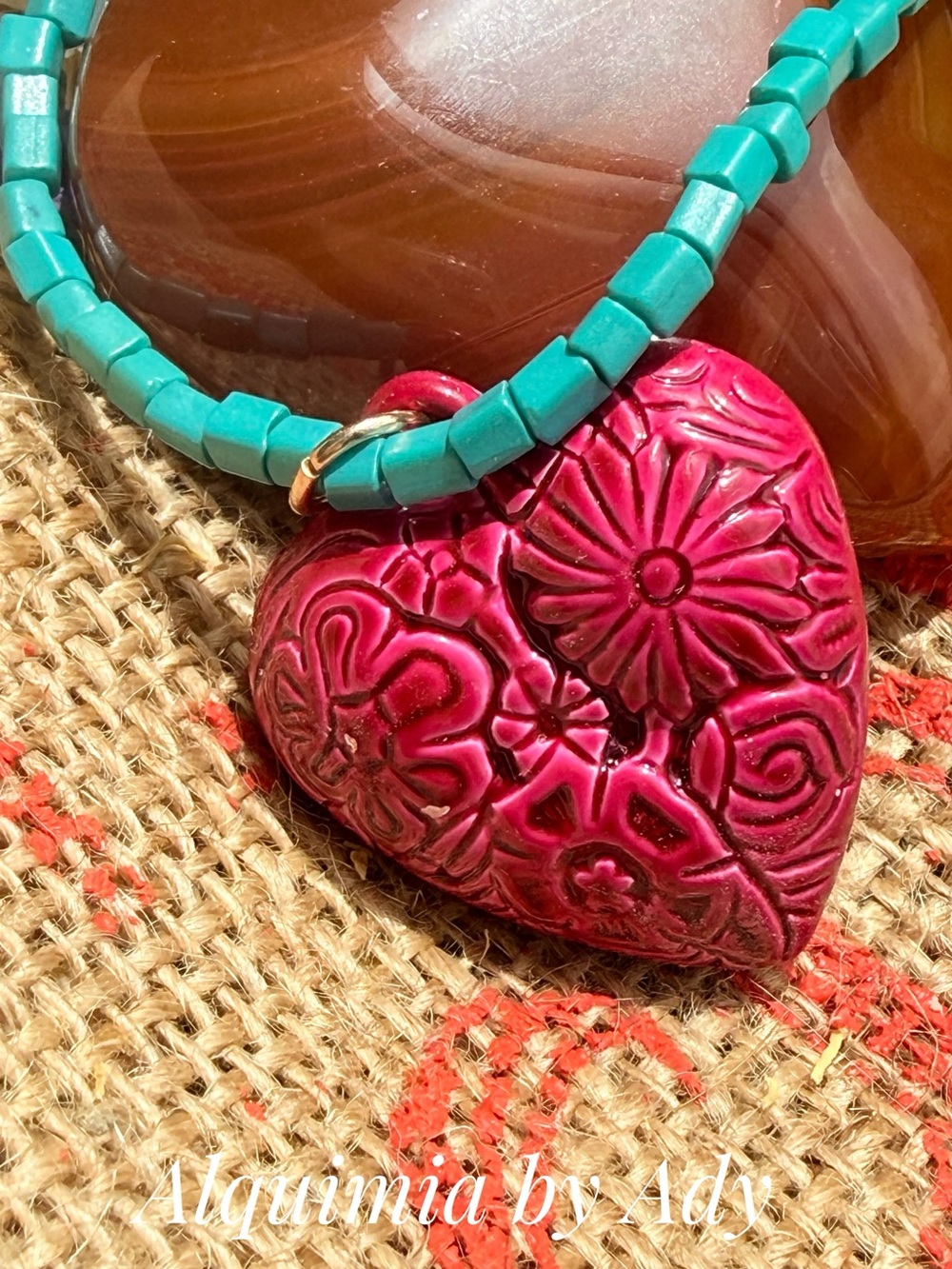 Alquimia Turquoise Beaded Necklace with Fuchsia Floral Heart Pendant
